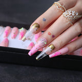 Rhinestone Crystal Design Pink Luxury Ombre Extra Coffin Press on Nails Gel