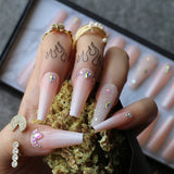 Rhinestone Crystal Design Pink Luxury Ombre Extra Coffin Press on Nails Gel