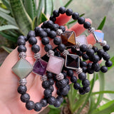 Reiki Healing Energy Stone Mala Bracelets Pyramid Charm Natural Amethysts Quartz Crystal Opal Black Lava Stone Strand Bracelets