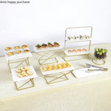 European Style Rectangular White Ceramics Cake Pan with Golden Metal Display