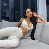 OEM Fitness Sporty Women Tracksuit Sleeveless V-Neck Tank Stretchy Leggings Ribbed Bra Two Piece Set Solid Streetwear Outfit