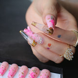 Rhinestone Crystal Design Pink Luxury Ombre Extra Coffin Press on Nails Gel