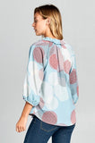 Print 3/4 Sleeve Ruffle Notch Neck Top