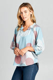 Print 3/4 Sleeve Ruffle Notch Neck Top