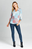 Print 3/4 Sleeve Ruffle Notch Neck Top