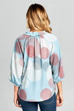 Print 3/4 Sleeve Ruffle Notch Neck Top