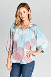 Print 3/4 Sleeve Ruffle Notch Neck Top
