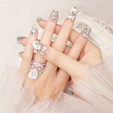 24Pcs Luxe Shining Rhinestone False Square Transparent Nails with Fake Art