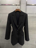 Women Blazer Irregular Diamond Hollow Out Black Blazers and Jackets Asymmetry Drawstring Vintage Suit Coats