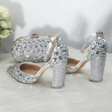 BaoYaFang Silver Crystal Women Wedding Shoes Bride Thick High Heel Pumps Fashion Shoes Woman Shallow Ankle Strap Buckle Shoes