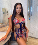 IDS 2021 New Sexy Lingerie Underwear Mesh Print Three-Point Lingerie Women Plus Size Sexy Lingerie Set