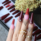 Rhinestone Crystal Design Pink Luxury Ombre Extra Coffin Press on Nails Gel