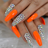 Dark Silver Strass Fake Nails Studs Extra Long Horse Shoe Metal Coffin Faux Ongles With Decorative Stones Frosted Maniture Tips