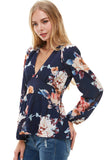 Large Floral Print V Neck Long Sleeve Peplum