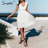 Simplee Sexy white women summer dress Backless v neck ruffle cotton lace dress Vintage holiday beach short female vestidos