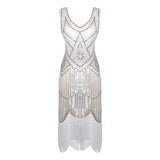 Sleeveless V-Neck Bead Shiny Sequins Fringed Tassels Hem Flapper Woman Cocktail 1920s Dress