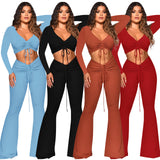 Fall Women Two Piece Jogger Set 2 Piece Set Long Sleeve Pleated Crop Top Flare Trousers Casual Two Piece Sets for Women Winter