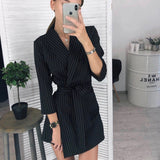 Office Ladies Casual Sashes Mini Dress V-Neck Long Sleeve Robe Striped A-Line Dress 2021 New Autumn Fashion