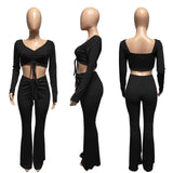 Fall Women Two Piece Jogger Set 2 Piece Set Long Sleeve Pleated Crop Top Flare Trousers Casual Two Piece Sets for Women Winter