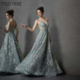 Luxurious Evening Dress A-Line Lace Formal Evening Gown V-Neck Applique Crystal Beaded Tulle