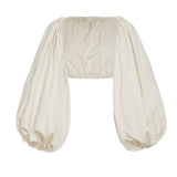 Backless Short Shirt Female Slash Neck Lantern Sleeve Large Size Crop Top Blouse