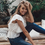 Simple sexy V- neck summer blouse with Elegant ruffle high waist cotton embroidery