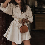 Elegant linen short shirt dress women Long sleeve cotton dress