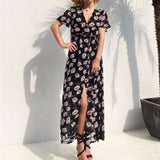 Summer Short Sleeve boho Dress Women Sexy Beach Sundress Floral Print Split Dress Party Holiday V neck Long Dresses