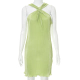 Bomblook Solid Cross Halter Off-Shoulder Loose Mini Dress