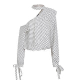 One shoulder polka dot blouse shirt Ruffle lantern sleeve vintage chiffon blouse Sexy bow women summer blouses