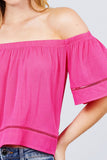 Elbow Sleeve Off The Shoulder Lace Trim Woven Top
