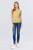 Sleeveless Shirring Turtle Neck Rib Knit Top - shopwishi 