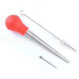 Turkey Baster Set with Silicone Bulb Stainless Steel Syringe Needles Cleaning Brush BBQ Barbecue Seasoning Tools