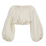 Backless Short Shirt Female Slash Neck Lantern Sleeve Large Size Crop Top Blouse