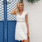 Simplee Sexy white women summer dress Backless v neck ruffle cotton lace dress Vintage holiday beach short female vestidos