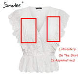 Simple sexy V- neck summer blouse with Elegant ruffle high waist cotton embroidery