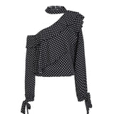 One shoulder polka dot blouse shirt Ruffle lantern sleeve vintage chiffon blouse Sexy bow women summer blouses