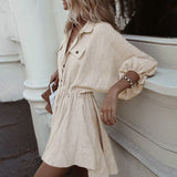 Elegant linen short shirt dress women Long sleeve cotton dress