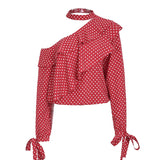 One shoulder polka dot blouse shirt Ruffle lantern sleeve vintage chiffon blouse Sexy bow women summer blouses