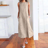 Casual Maxi Dress Sleeveless Linen Women Long Summer Dress Striped Cotton Baggy