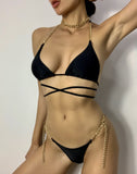 Sexy Metal Chain Strap Bikini Set Women Solid Black Cut Out Bandage Thong Swimsuit Brazilian Bathers Bathing Suit Swimwear