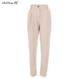 Mnealways18 Vintage Zipper Khaki Trousers Women High Waist Office Pants