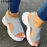 Women's Crystal Bling Wedge Comfortable Breathable Comfy Ladies Slip-on Sandal