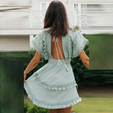 WildPinky Sexy V-Neck Tassel Women Summer Cotton Batwing Sleeve Sundress Lace Tie Up Beach Ladies Ruffle Mini Dress Vestido