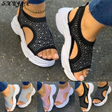 Women's Crystal Bling Wedge Comfortable Breathable Comfy Ladies Slip-on Sandal