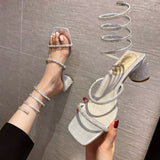 Sandals Fashion Luxury Square Toe Club Rhinestone Snake Wrap High Heel Birthday Wedding Party Shoes