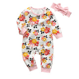 2Pcs Baby Girls Romper Cartoon Rabbit Pattern Cotton Long Sleeve Jumpsuit+Headband Outfits Set Newborn Infant Clothes
