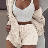 Winter Autumn Three Piece Sexy Fluffy Outfits Plush Velvet Hooded Cardigan Coat+Shorts+Crop Top Women Tracksuit Set Women Outfit