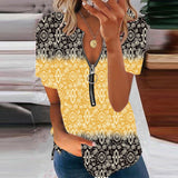 Summer Loose Sexy Zipper V Neck Printed Pullover Ladies Blouse Fashion Vintage Short Sleeve Elegant Tops