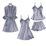 Satin Lace Pajamas Set Women Strap Top Pants Sleepwear Sleep Suit Spring
